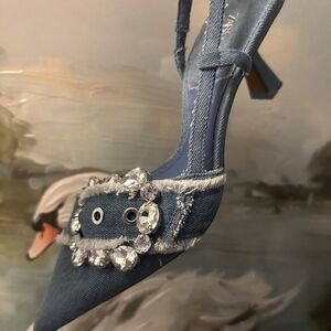Zara Blue and Navy Denim Jeweled Kitten Heels